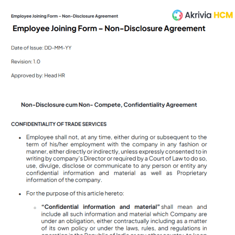 Employee Joining form, Non Disclosure aggrement