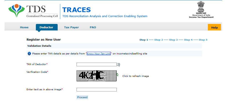 deductor registration in tds traces website