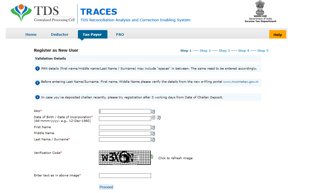 tax payer registration in tds traces website
