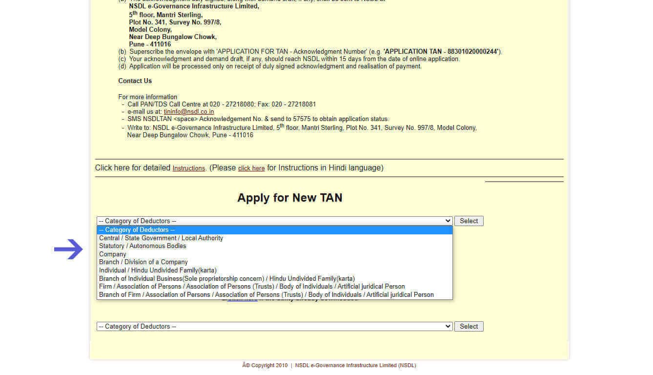 'category of deductors' in TAN application